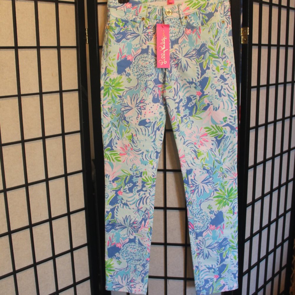 NWT Lilly Pulitzer South Ocean Skinny Coastal Blue Lion Around Sz 00 Junior Jean